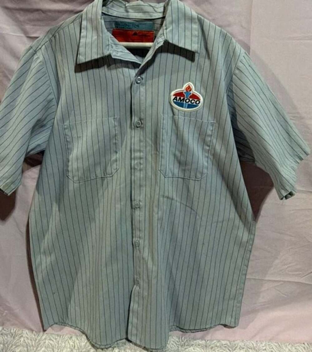 Red Kap Amoco Pinstripe Short Sleeve Work Shirt Blue